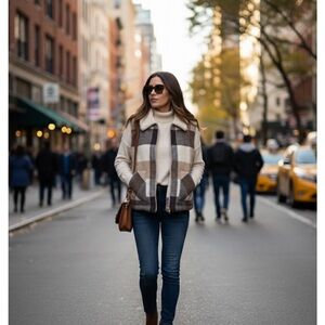 Sanctuary Plaid Teddy Jacket - Brown and Cream